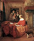 Famous Table Paintings - A Woman Seated at a Table and a Man Tuning a Violin